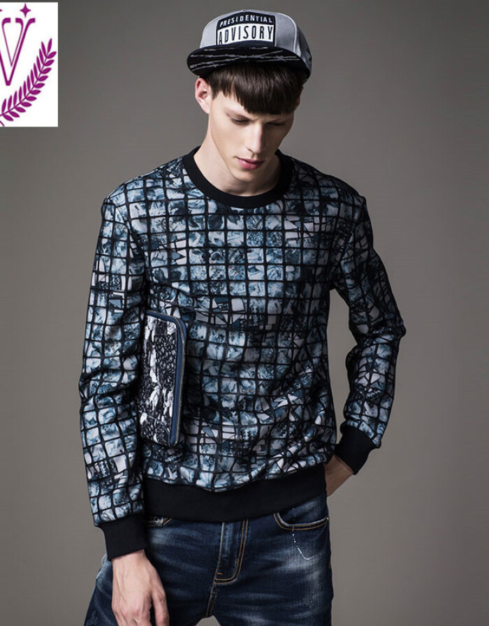 2016 EASCO新款專柜格子網紗雙層面料印花潮男套頭衛衣 時尚與舒適的完美融合